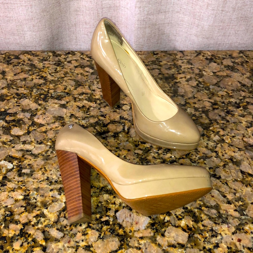 Nude Calvin Klein Patent Shoes with Chunky Wooden Approximately 4 inches Heels
